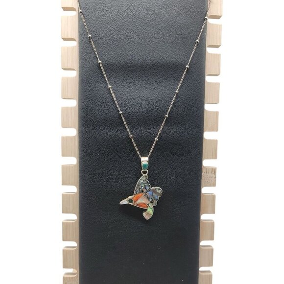 950 Fine Silver Channel Inlay Hummingbird Pendant Necklace 18" 925 Chain… - Picture 11 of 14